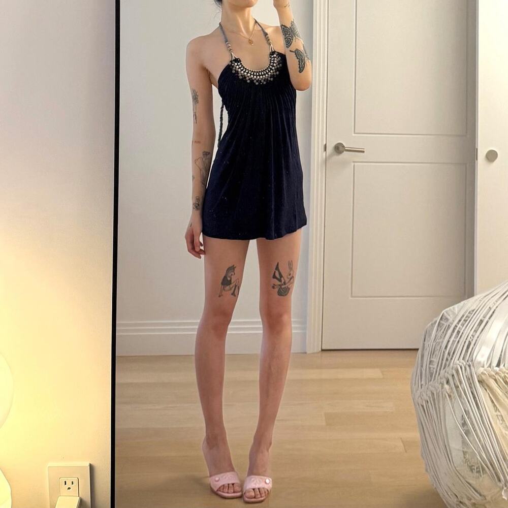Navy beaded halter mini dress